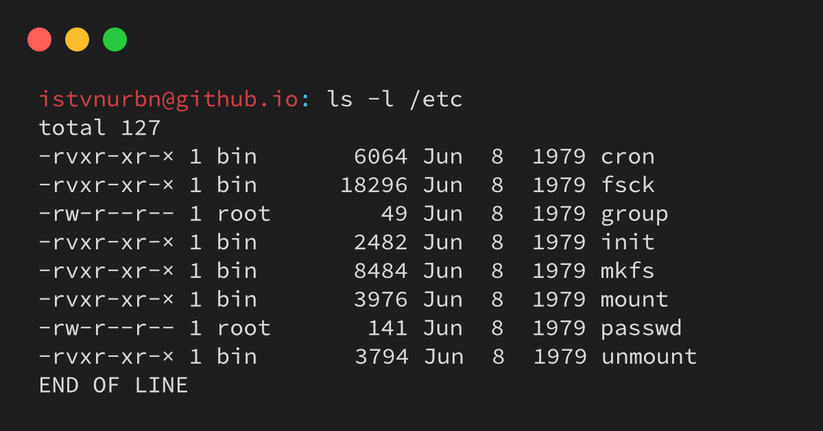 Version 7 of Unix for the PDP-11, running on the SIMH PDP-11 simulator. The contents of '/etc', including configuration files, binary executables, and more.