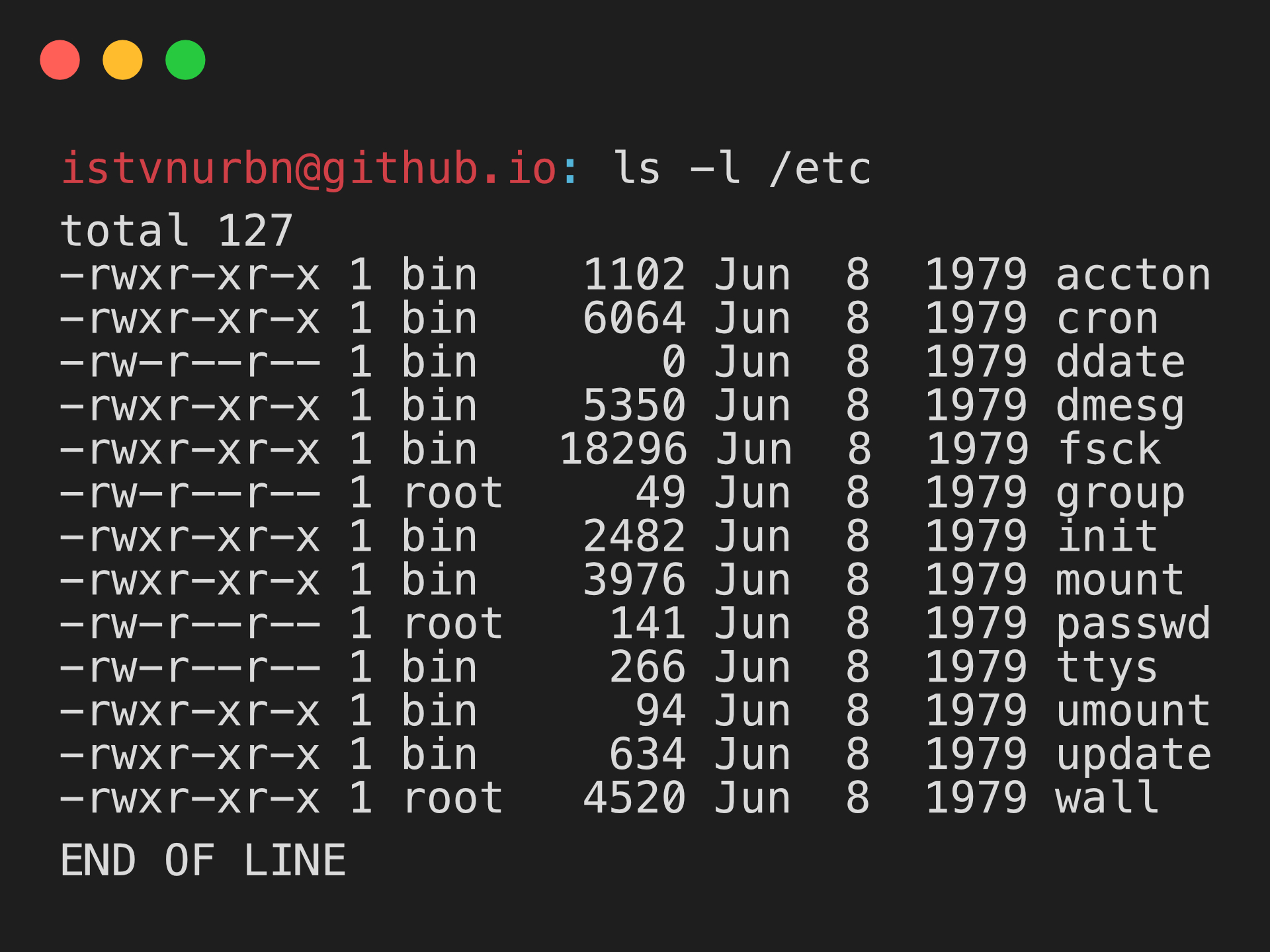 Version 7 of Unix for the PDP-11, running on the SIMH PDP-11 simulator. The contents of '/etc', including configuration files, binary executables, and more.