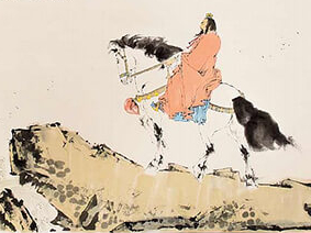Part of Fan Zeng's Cao cao riding a horse and reciting a poem, watercolor and ink on paper scroll.
